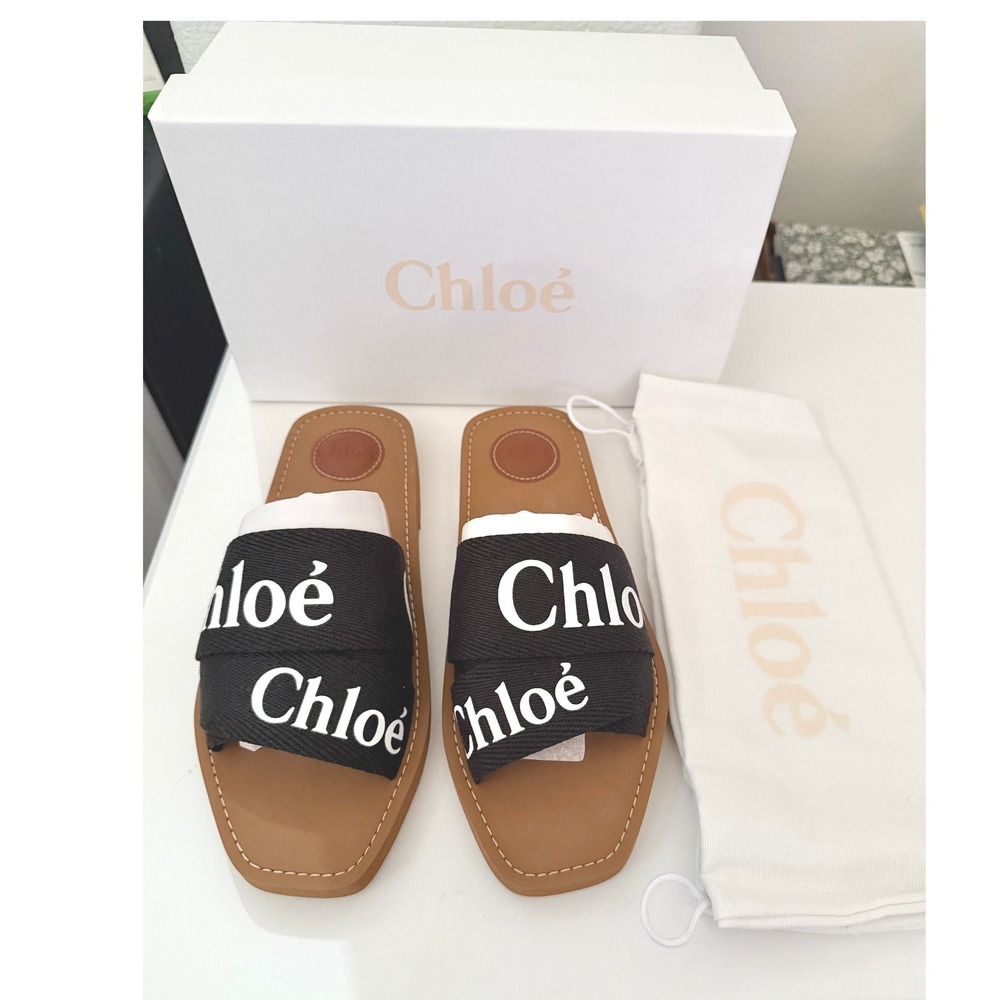 Chloe Woody Logo Slide Sandals Flat Mule 10US | 40 EU
